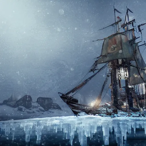 Image similar to pirate ship encased in ice in an icy bay, tilt shift, frostpunk, artwork by hiornaka