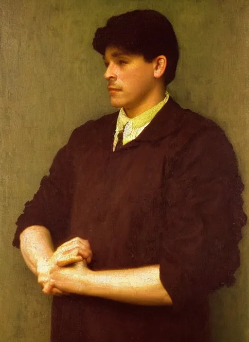 Prompt: portrait of a handsome latino man by thomas cooper gotch and franz xaver kosler, pre raphaelite, oil on canvas