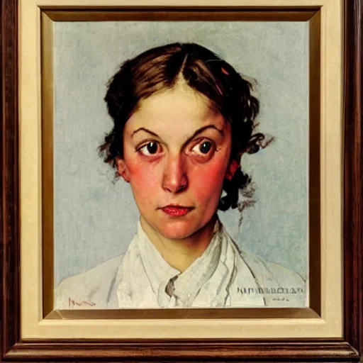 Prompt: Frontal portrait of a woman without distinct pupils: her eyes are entirely white. Painting by Norman Rockwell.