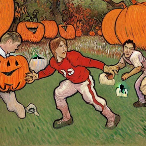 Image similar to painting of arkansas razorbacks playing football with pumpkins at the halloween! party, bubbling cauldron!, candles!, graveyard, gravestones, ghosts, smoke, autumn! colors, elegant, wearing suits!, clothes!, delicate facial features, art by alphonse mucha, vincent van gogh, egon schiele