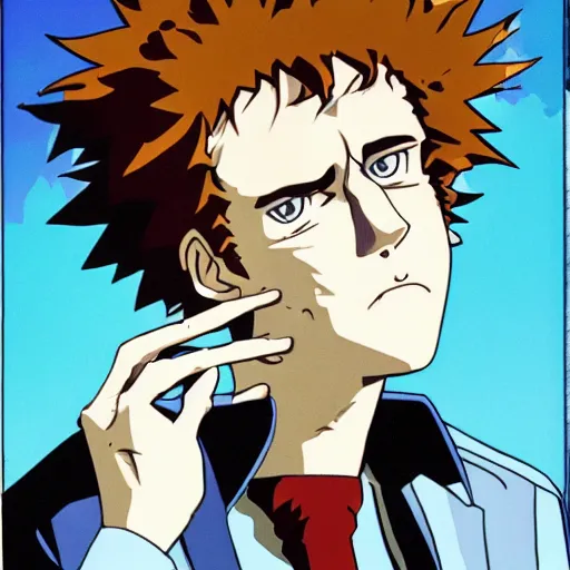 Image similar to spike spiegel contemplatively looking at a human skull in his outstretched left hand like Hamlet, cowboy bebop,