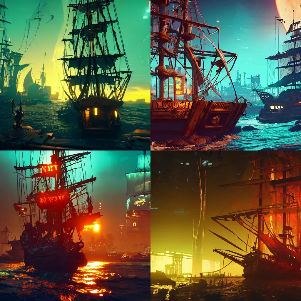Prompt: a battered pirate ship from Peter Pan pulls into the port of night city cyberpunk 2077 in the evening with dim neon city light in the background, ultra realistic, octane, cinematic, high energy