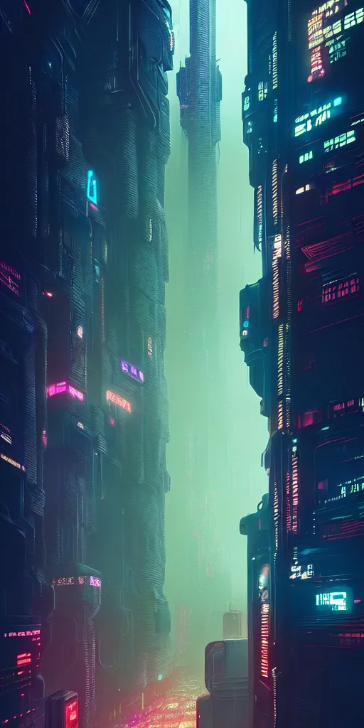 Image similar to epic cyberpunk cityscape : : blade runner, james guilleard, beeple, laurie greasley, dan mcpharlin : : ornate, dynamic, particulate, rich colors, intricate, elegant, highly detailed, centered, artstation, smooth, sharp focus, octane render, 3 d