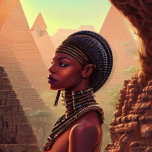 Image similar to highly detailed portrait of an african egyptian goddess, intricate alien technology, stephen bliss, unreal engine, fantasy art by greg rutkowski, loish, rhads, ferdinand knab, makoto shinkai and lois van baarle, ilya kuvshinov, rossdraws, tom bagshaw, global illumination, radiant light, detailed and intricate environment