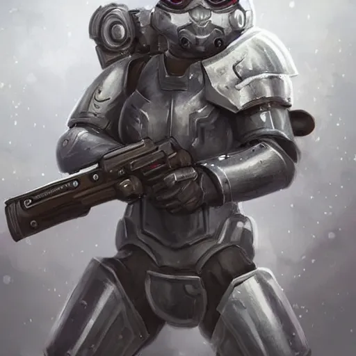 Prompt: cute grey cat wearing armor armed with giant bolter gun shooting, full body shot, intricate, elegant, highly detailed, centered, digital painting, artstation, concept art, smooth, sharp focus, illustration, art by artgerm, WLOP