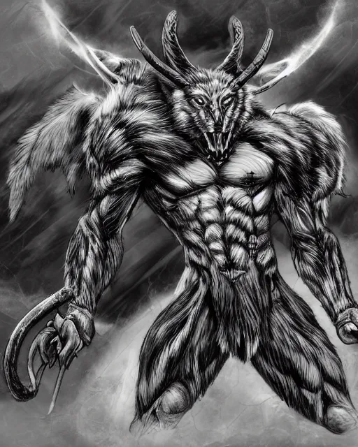 Image similar to A minotaur wolf, full body, black and white, fantasy art, monster art, in the style of masami kurumada, illustration, epic, fantasy, intricate, hyper detailed, artstation, concept art, smooth, sharp focus, ray tracing