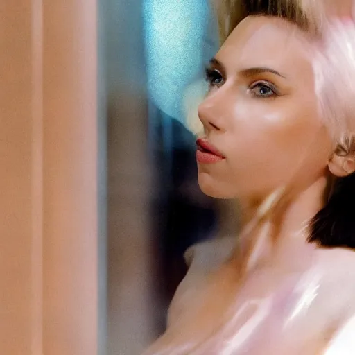 Image similar to a beautiful medium - shot of scarlett johansson looking off into the distance, black hairs with sleek angled bob hairstyle, in the style of ghost in the shell, ultra realistic, soft, blue hour, soft neons light from night city falling on her face. focus on her eyes and brows. by annie leibowitz