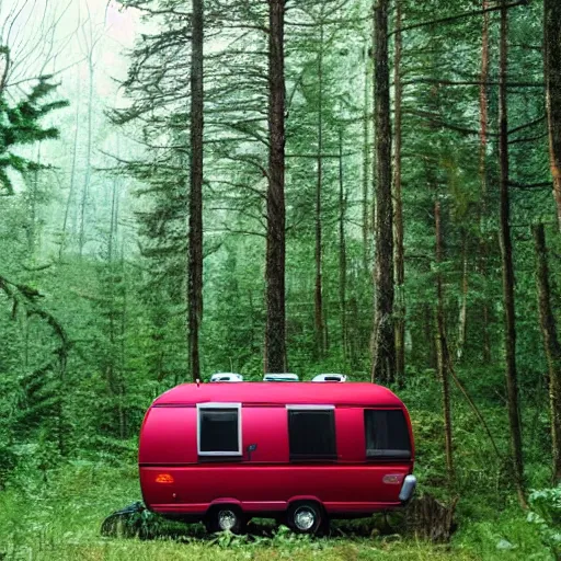 Image similar to a metal camper in a forest clearing, pillar of red light visible in background