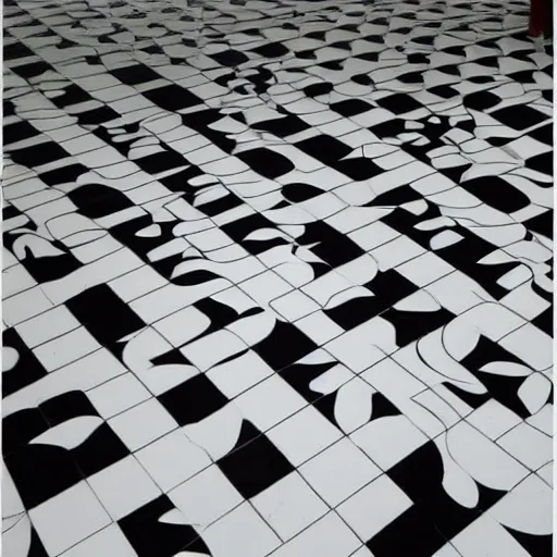 Image similar to shiny black and whit checker floor interior in the style of escher!!!!!!