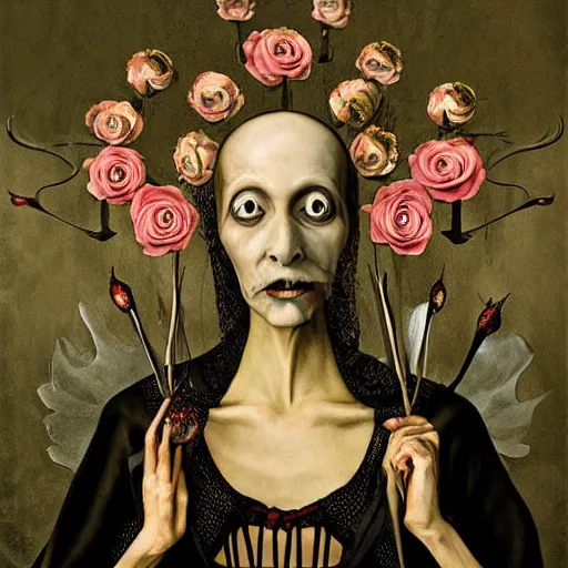 Image similar to semi - realistic weird and scary beautiful metaphysical portrait gothic style in style of hieronymus bosch anne stoke sharp focus 8 k holografic roses