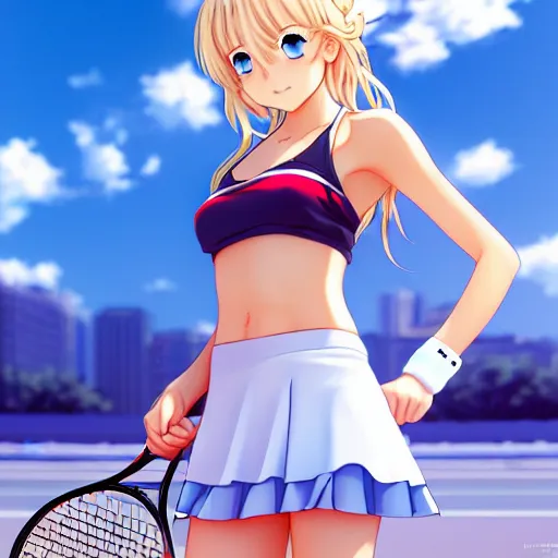 Image similar to a very beautiful young anime tennis girl, full body, long wavy blond hair, sky blue eyes, ( ( ( full round face ) ) ), short smile, bikini, miniskirt, front view, mid - shot, highly detailed, cinematic wallpaper by stanley artgerm lau
