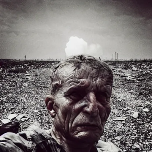 Image similar to last selfie of last alive ukrainian very damaged after a nuclear strike, a nuclear explosions in the background, dead bodies everywhere, 2 0 2 2