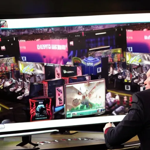 Prompt: Boris Johnson nervously playing video games at a E sports event on a team