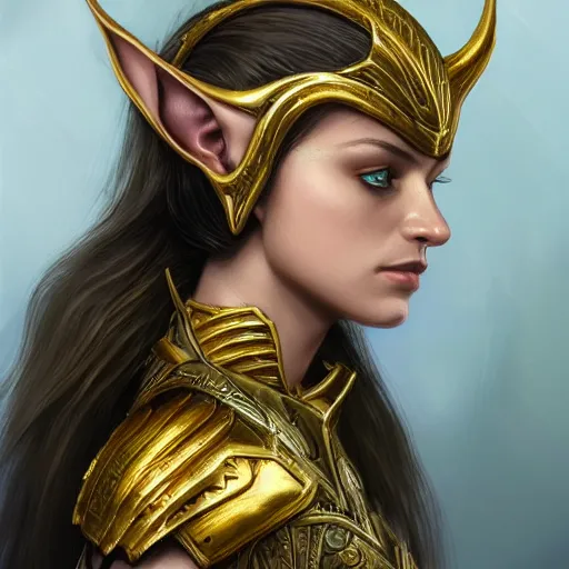 Prompt: side portrait of a female elven warrior, fantasy, gold armour, gold helmet, trending on artstation, gsociety, deviantart, D&D, elegant, highly detailed, realistic eyes, detailed illustration, smooth, sharp focus, upper body, intricate, rule of thirds, holy glow, backlit, dark background hd 4k by Greg Rutkowski, Alphonse Mucha, Ayami Kojima, Charlie Bowater, Artgerm, Loish, Kentaro Miura, Karol Bak, Greg Hildebrandt, Norman Rockwell