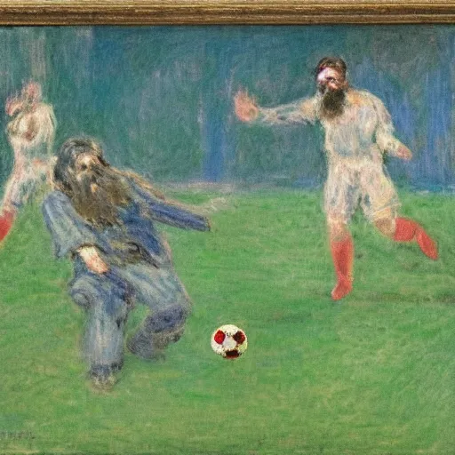 Image similar to monet painting of a bearded man getting hit in the groing with a soccer ball, highly detailed, realistic,