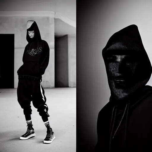 Image similar to fashion photography of an extraterrestrial model, wearing futuristic hip - hop streetwear fashion, inside berghain, berlin fashion, futuristic fashion, photo 3 5 mm leica, hyperdetail, hoodie, 8 k, very detailed, black and white