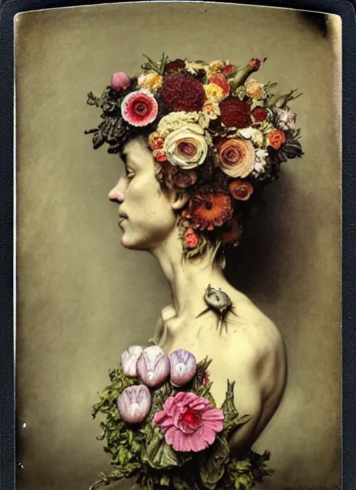 Prompt: beautiful and detailed rotten woman made of plants and many types of stylized flowers like carnation, chrysanthemum, anemone, roses and tulips, intricate, surreal, vladimir volegov, john constable, guy denning, gustave courbet, caravaggio, romero ressendi, 1 9 1 0 polaroid photo