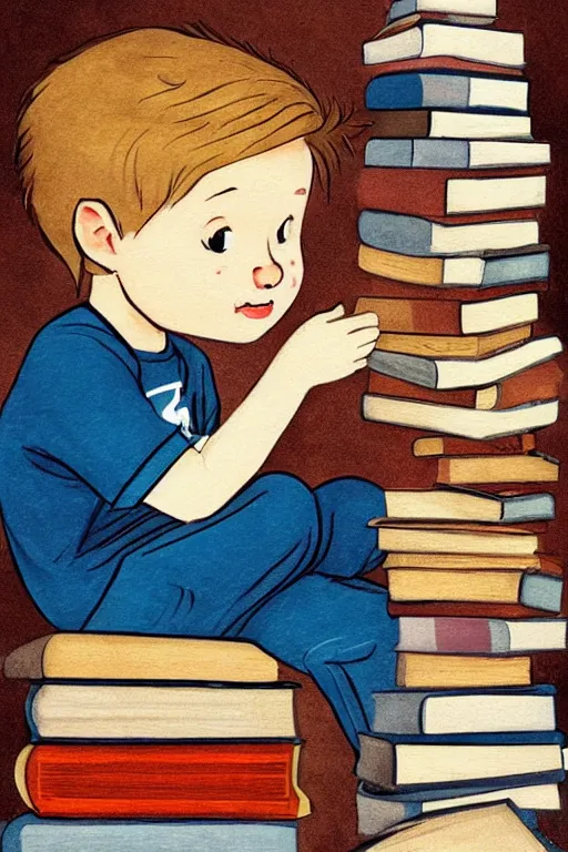 Image similar to a little boy with blonde hair sits cross legged on top of a tall pile of books. he is reading. clean elegant pretty cartoon painting, beautiful detailed face, storybook illustration.