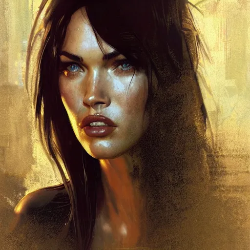 Image similar to megan fox, hyperrealistic portrait, bladerunner street, art of elysium by jeremy mann and alphonse mucha, fantasy art, photo realistic, dynamic lighting, artstation, poster, volumetric lighting, very detailed face, 4 k, award winning