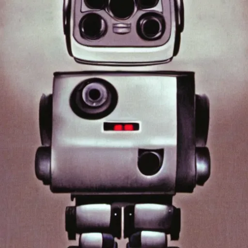 Image similar to Johnny 5 from Short Circuit, yearbook photo