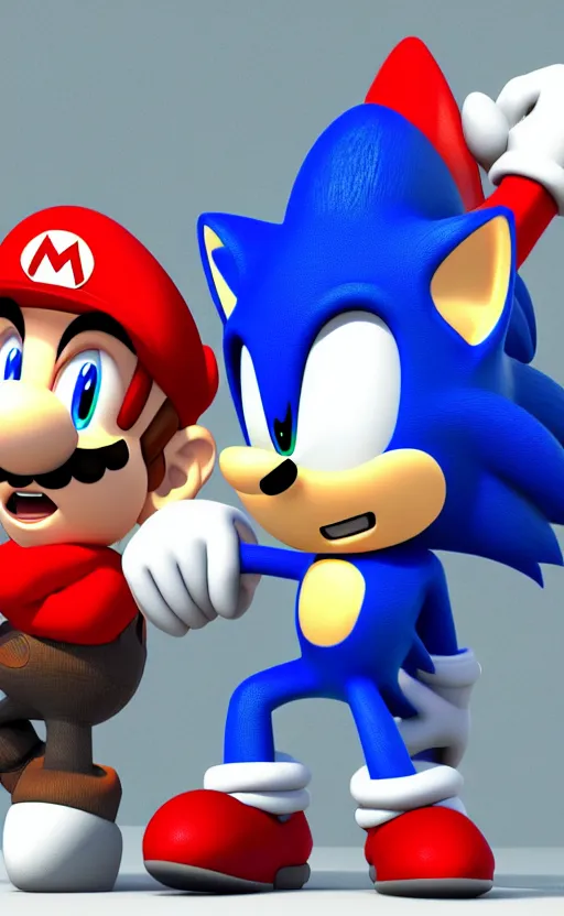 Prompt: a 3 d render of sonic hugging mario