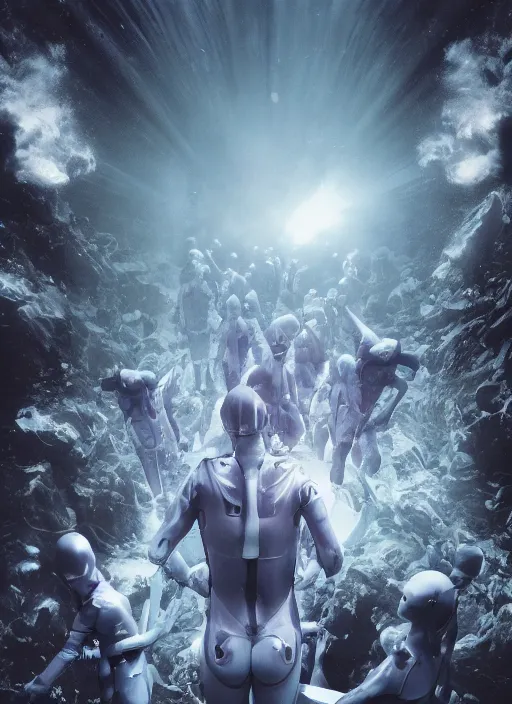 Prompt: astronauts in dark minimalists underwater pool - hyperdetailed suit. reflection and dispersion materials. rays and dispersion of light. volumetric light. 5 0 mm, f / 3 2. noise film photo. flash photography. ultra realistic, wide angle. poster by wayne barlowe, hajime sorayama aaron horkey, craig mullins. dark key.