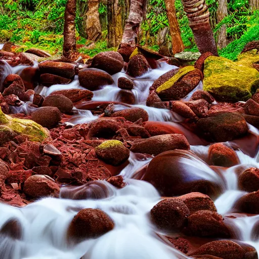 Image similar to chocolate river, flowing off a candy Mountain into a chocolate ocean, lush with gumdrop trees, high detail, 4k