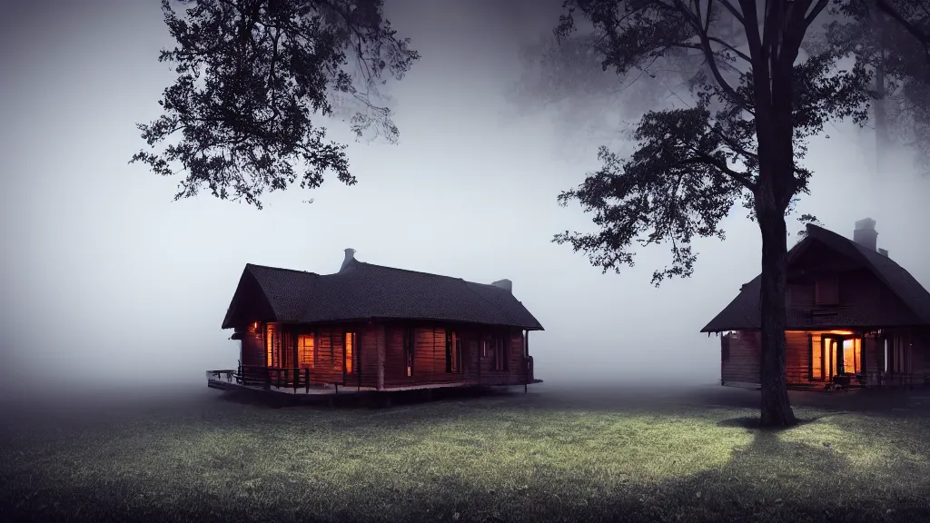 Image similar to a beautiful wooden house with a large tree nearby and street lights on, fog, volumetric lighting, mystique, atmospheric, sharp focus, ultra detailed, noir art house, 4 k, 3 5 mm