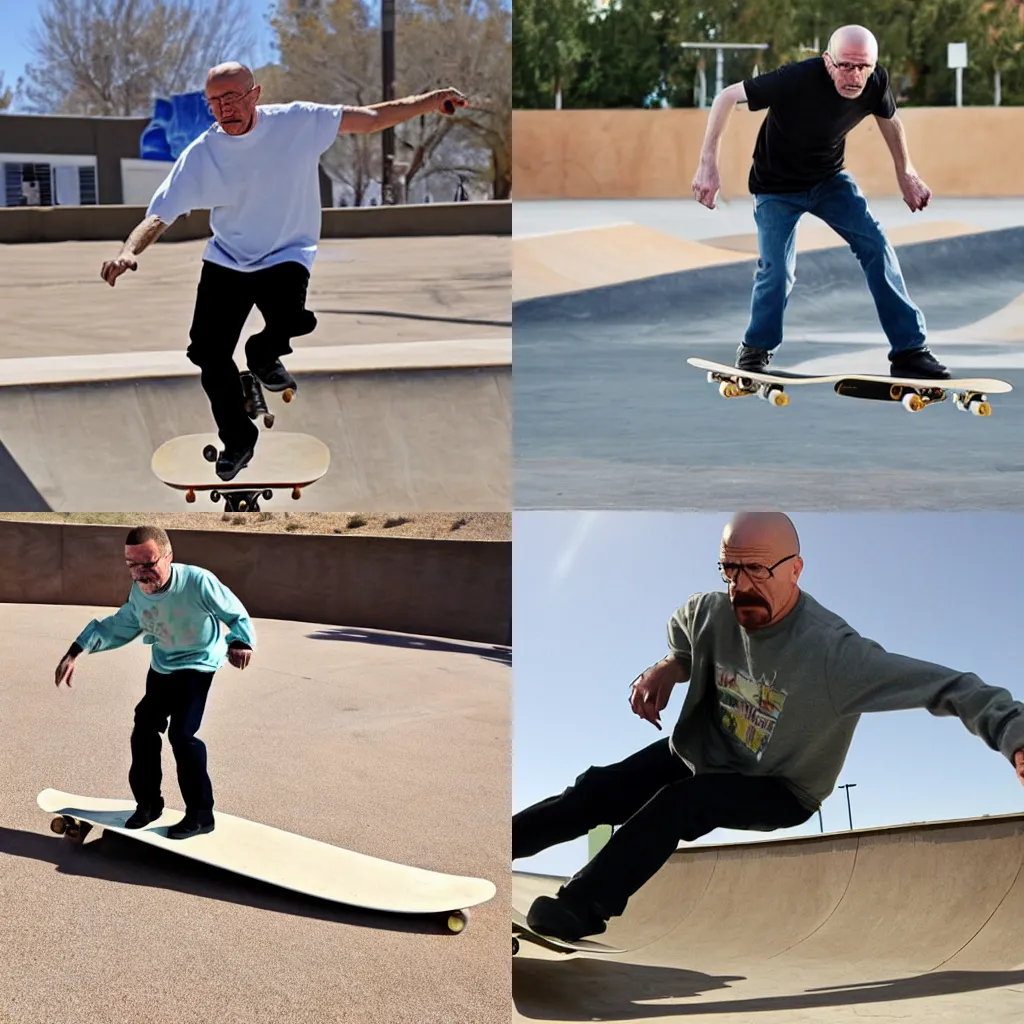 Prompt: Walter White skateboarding on an Albuquerque skate park
