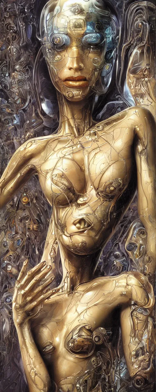 Image similar to a robotic goddess with transparent skin, highly detailed, digital painting, smooth, sharp, beautiful face, expressive eyes, highly intricate, art by Boris Vallejo and H.R. Giger