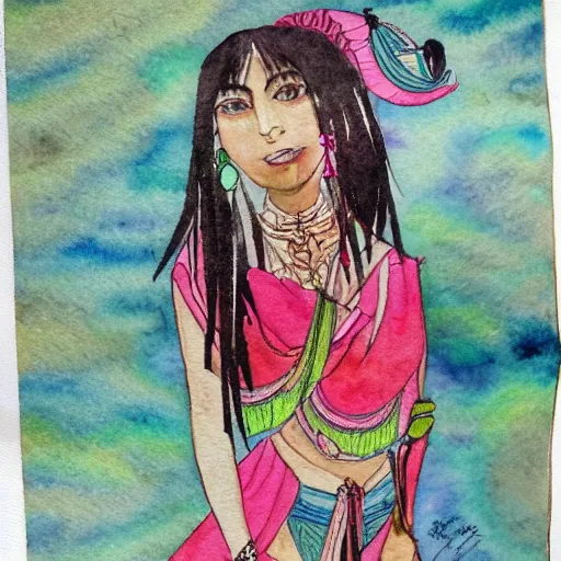 Prompt: wakah - chan, watercolor on stained papyrus