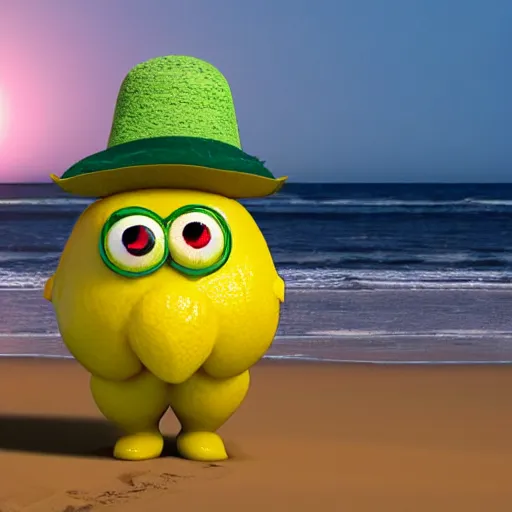 Image similar to 3 d render, of anthropomorphic lemon character that looks like a monster from the movie وmonsters inc, with lemon skin texture, he is wearing a hat, building a sandcastle on the beach at sunset, beach, huge waves, sun, clouds, long violet and green trees, rim light, cinematic photography, professional, sand, sandcastle, volumetric lightening