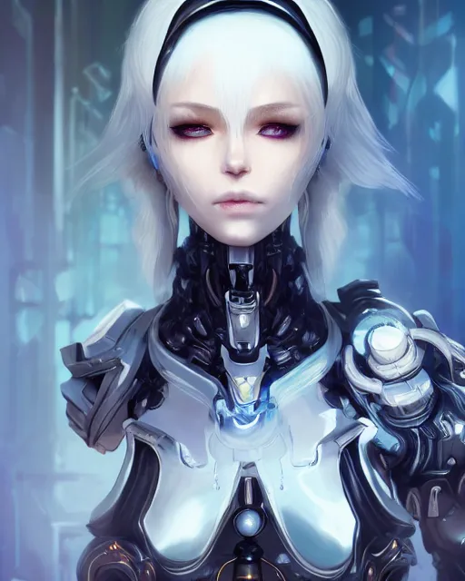 Image similar to holy cyborg necromancer girl, elegant, perfect face, scifi, futuristic, utopia, garden, illustration, atmosphere, warframe, blue eyes, white hair, focused, artstation, nier automata, highly detailed, art by yuhong ding and chengwei pan and serafleur and ina wong