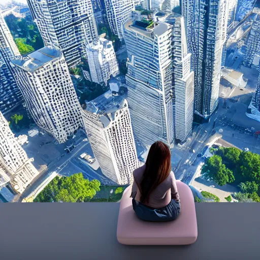 Prompt: a woman sitting on a flying bed, she is looking down on the buildings far below her, uhd, 8k, dreamy, photo, hyper detailed,