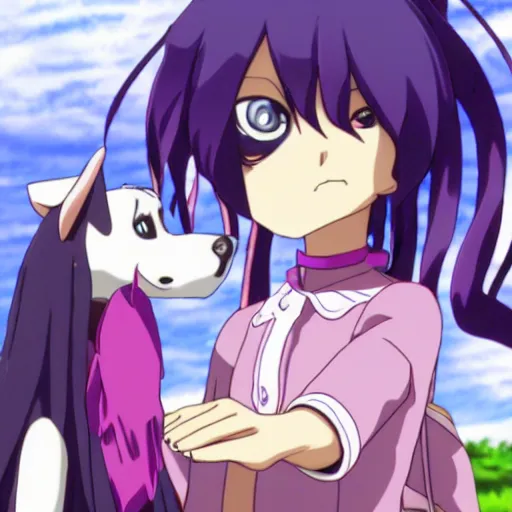 Prompt: anime screenshot of a female character with purple long hair and a small pet