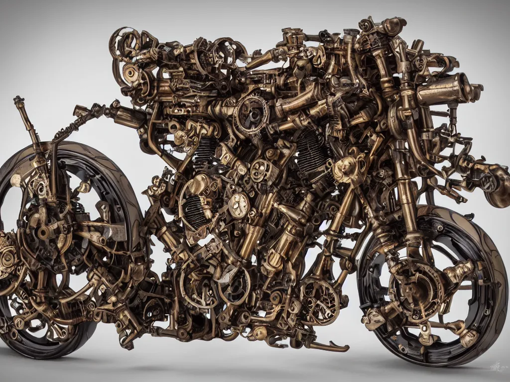 Prompt: a steampunk superbike with intricate engine mechanical parts, product photography,