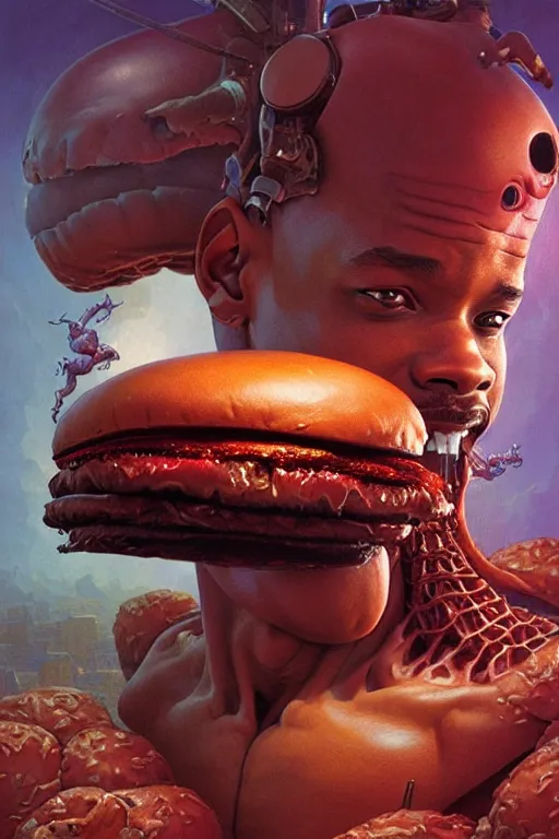 Image similar to will smith inside hamburger, hyper detailed, digital art, artstation, cinematic lighting, studio quality, smooth render, by peter caravaggio, mohrbacher, hajime sorayama, wayne barlowe, boris vallejo, aaron horkey, gaston bussiere, craig mullins