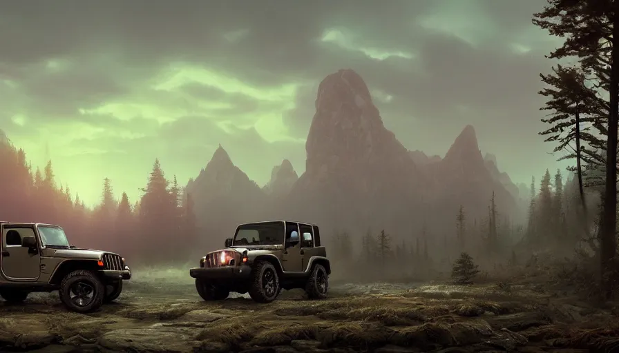 Prompt: single jeep wrangler, an epic fantasy, dramatic lighting, cinematic, establishing shot, extremely high detail, photorealistic, cinematic lighting, artstation, by simon stalenhag, horizon forbidden west