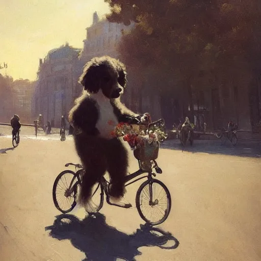 Prompt: young bernedoodle puppy on a bike in paris. art by greg rutkowski, gustave courbet, rosa bonheur, edward hopper. faithfully depicted, sharp focus, global illumination, radiant light, detailed and intricate environment, trending on artstation