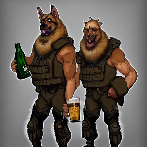 Image similar to two humanoid german shepherds beast - men in military style, they holding a beer, artstation, concept art, smooth, sharp foccus ilustration, artstation