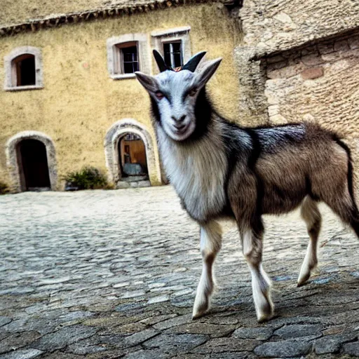 Prompt: hyperrealistic photo of a goat wolf hybrid beast in the square of a small medieval village