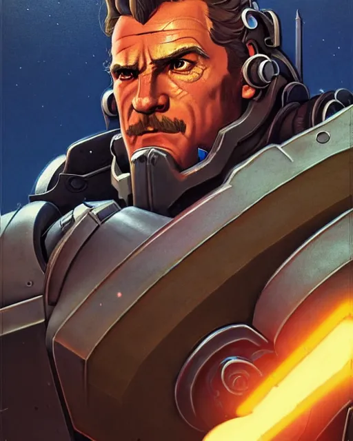 Image similar to reinhardt from overwatch, character portrait, portrait, close up, concept art, intricate details, highly detailed, vintage sci - fi poster, retro future, in the style of chris foss, rodger dean, moebius, michael whelan, and gustave dore