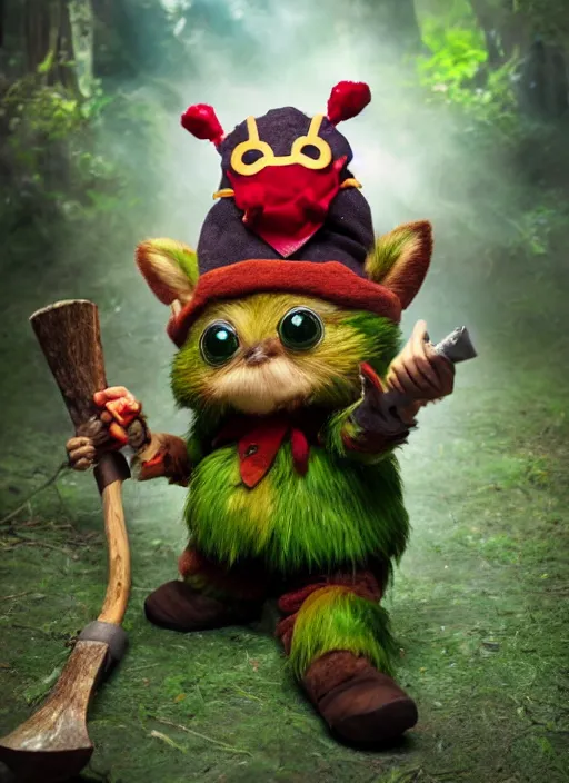 Prompt: still of Teemo from League of Legends in the style of Jim Henson, wielding an ax