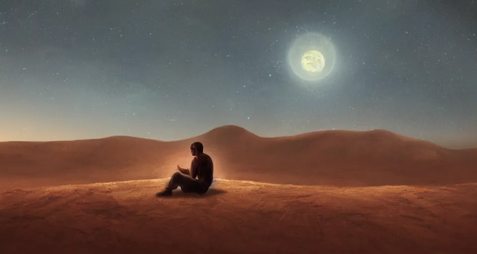 Image similar to a man resting in the desert at night, artstation