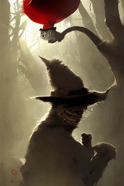 Prompt: the cat in the hat, scary, concept art by greg rutkowski