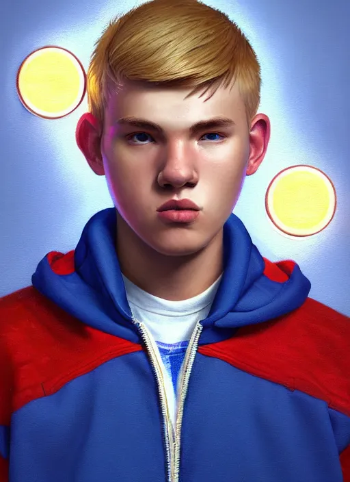 Image similar to portrait of high school senior boy named big moose, blonde short hair, jock, beefy, wide face, square jaw, square facial structure, blue varsity jacket with letter r, intricate, elegant, glowing lights, highly detailed, digital painting, artstation, concept art, sharp focus, illustration, art by wlop, mars ravelo and greg rutkowski