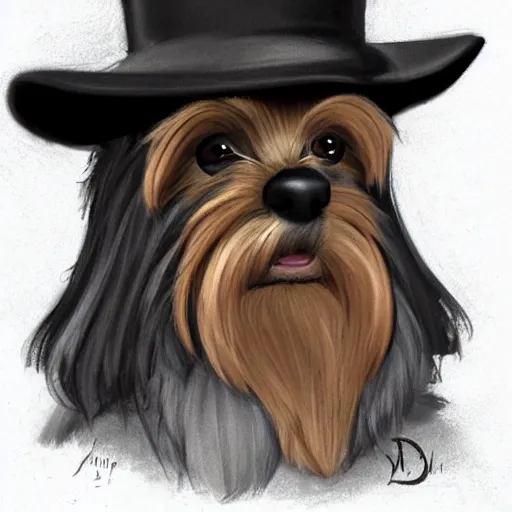 Image similar to detective yorkshire terrier wearing a fedora, disney eyes, in a dark alley, by D&D Concept Artists