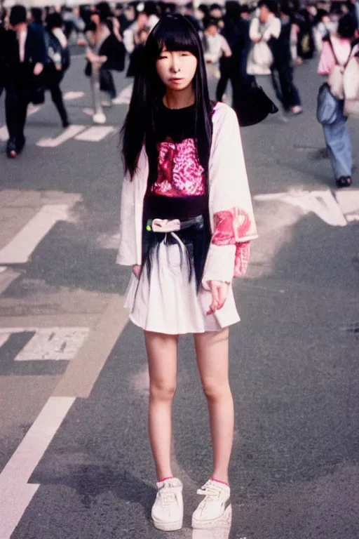 Image similar to a street fashion photograph of a young japanese woman in 9 0 s fashion, in tokyo akihabara, shot on cinestill 5 0 d with a canon 3 5 mm at f / 5. 6 lens, print magazine, photorealistic, nineties nostalgia, 4 k