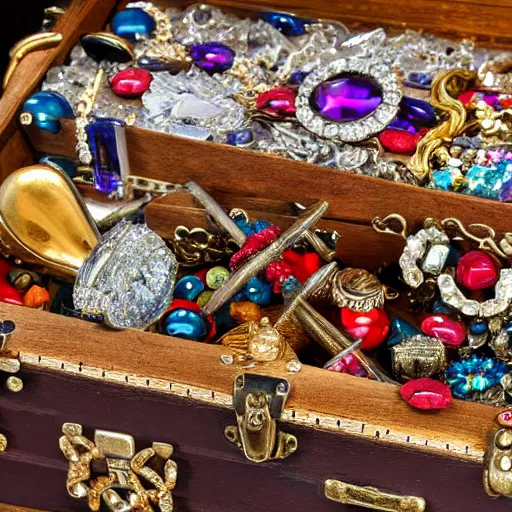 Image similar to A pirate chest filled with jewels and crystal artefacts, 4k, hdri, museum quality photo