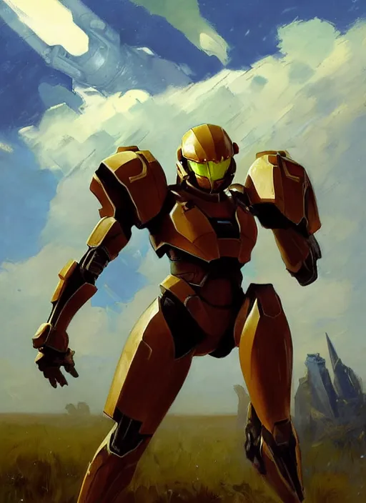 Prompt: Greg Manchess painting of Samus from Metroid Prime wearing Forerunner Armor from Halo, countryside, calm, fantasy character portrait, dynamic pose, above view, sunny day, thunder clouds in the sky, artwork by Jeremy Lipkin and Giuseppe Dangelico Pino and Michael Garmash and Rob Rey, very coherent asymmetrical artwork, sharp edges, perfect face, simple form, 100mm
